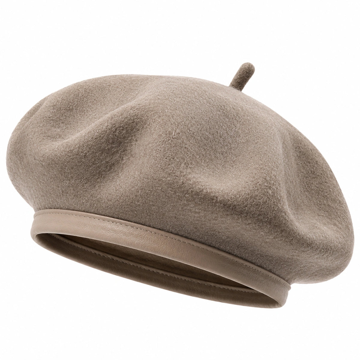 Béret taille unique taupe en textile effet laine avec bordure imitation cuir style classique