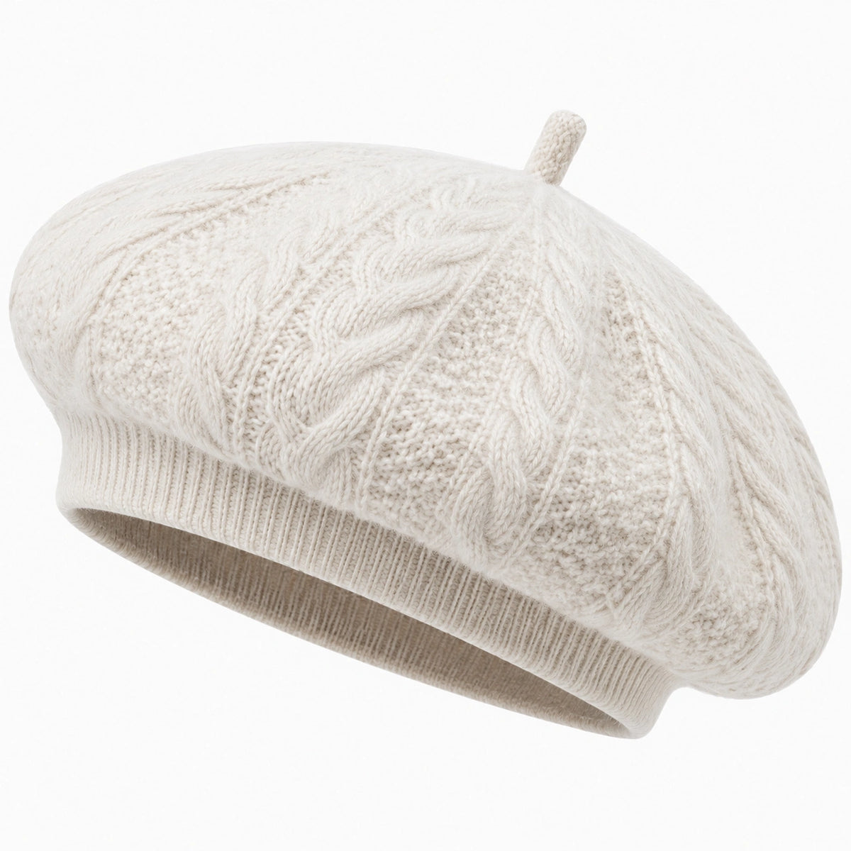 Béret taille unique en maille écru à motif torsadé style classique