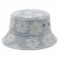 Chapeau bob taille unique en tissu denim bleu clair à fleurs brodées avec œillets d'aération