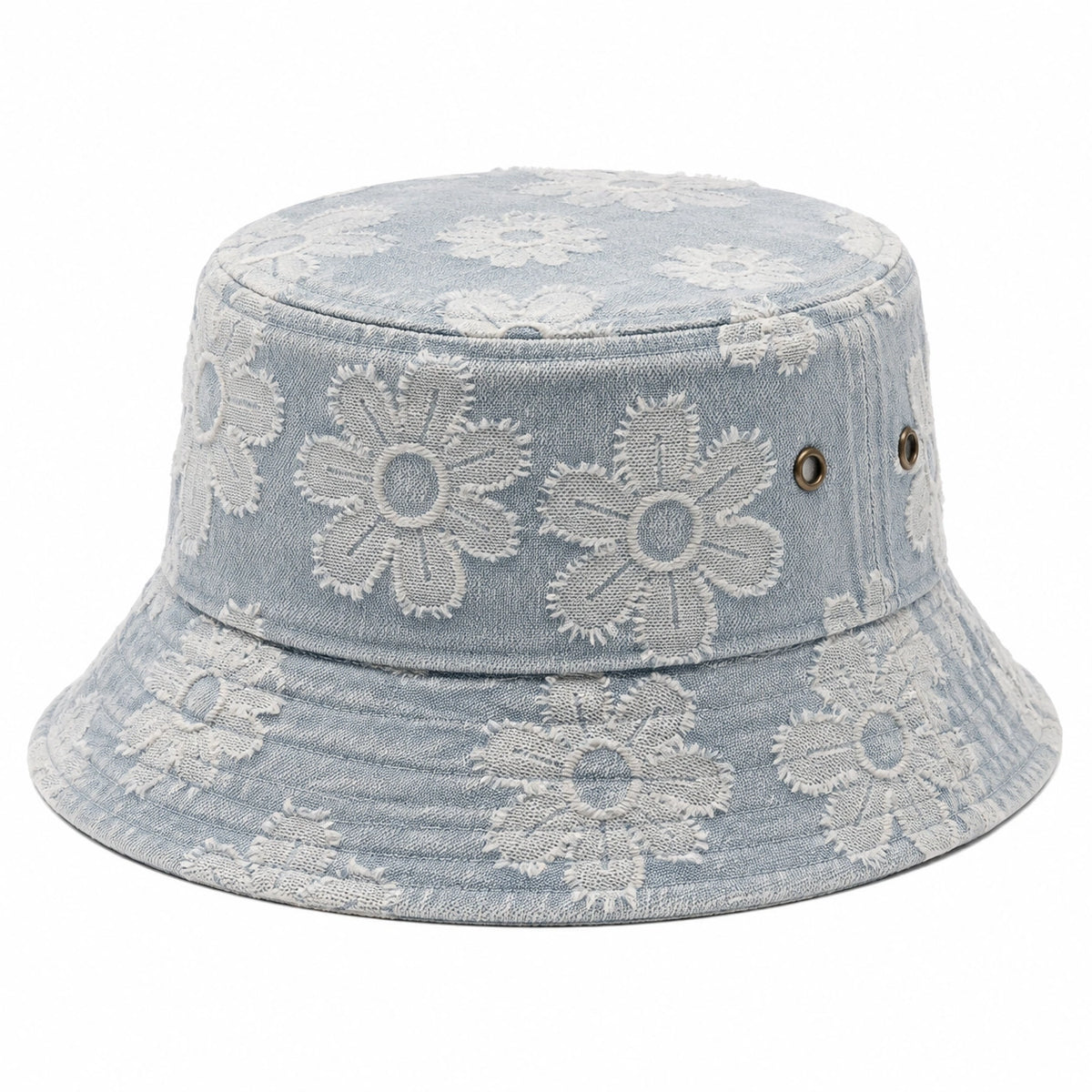 Chapeau bob taille unique en tissu denim bleu clair à fleurs brodées avec œillets d'aération