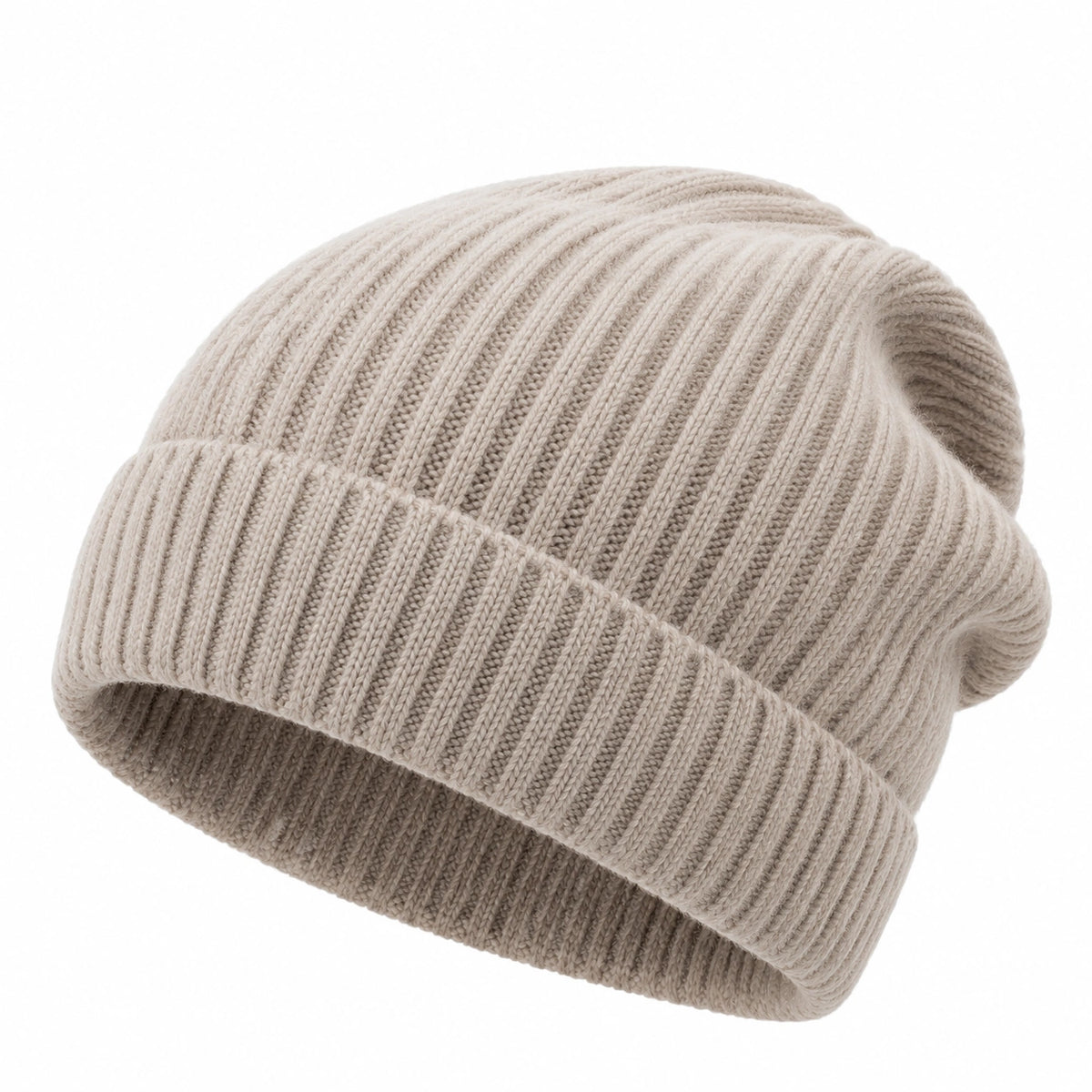 Bonnet unisexe taille unique en maille côtelée beige à revers - accessoire chaud décontracté