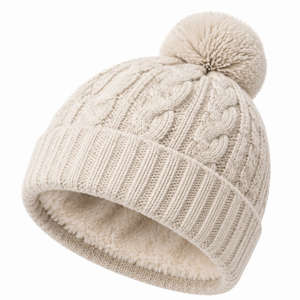 Bonnet taille unique en maille beige avec pompon doublé pour hiver