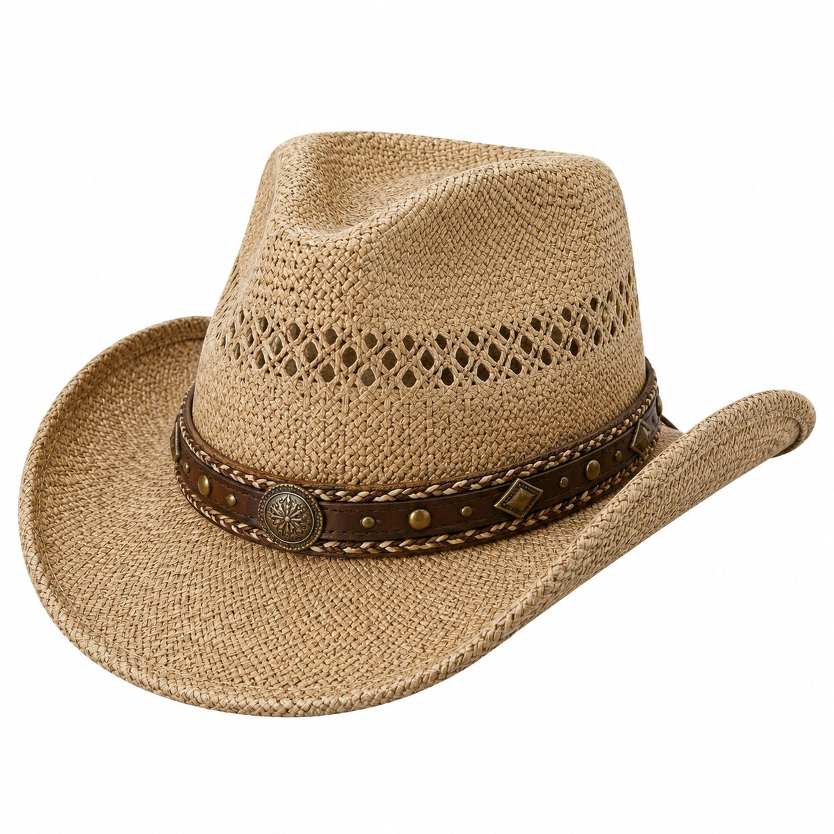 Chapeau cowboy taille unique en fibres tressées beige avec bande marron style western
