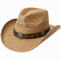 Chapeau cowboy en paille tressée beige à bande décorative style western taille unique