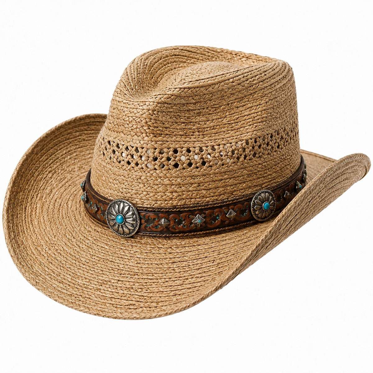 Chapeau cowboy en paille tressée beige à bande décorative style western taille unique
