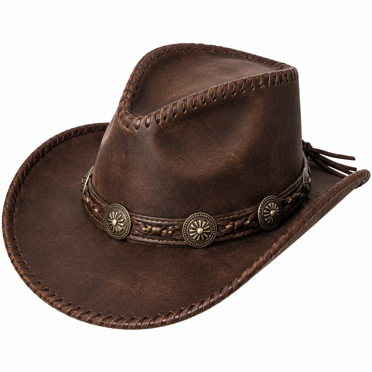 Chapeau cowboy taille unique brun aspect cuir avec lacet réglable style western
